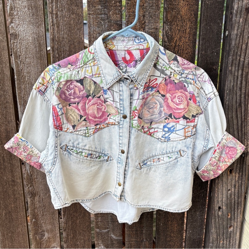 Get Used By Elie 90’s Vintage Distressed Acid Wash Patchwork Denim Crop Shirt